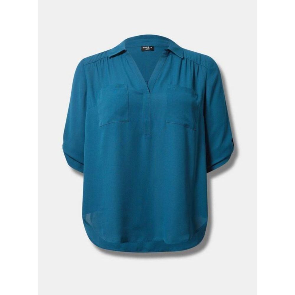 Torrid Dark Teal Harper 3/4 Sleeve Blouse w/ Front Pockets and Collar Sz 2XL